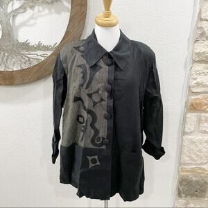 Vintage Eclectic Beppa Art to Wear Linen Blouse Black Taupe Large